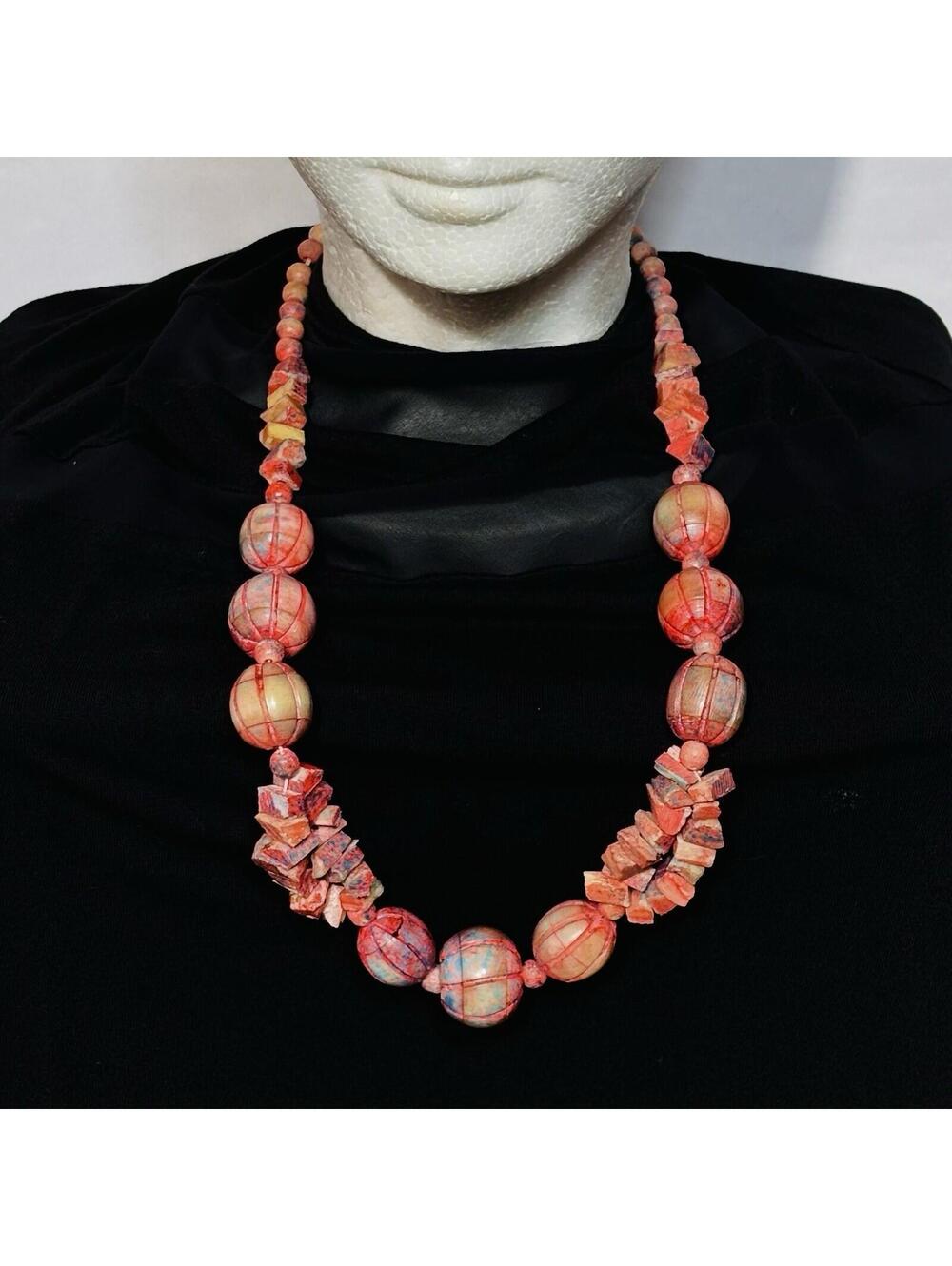 Chunky‎ Boho Statement Necklace Dyed Stone Beads Tribal Artisan Red